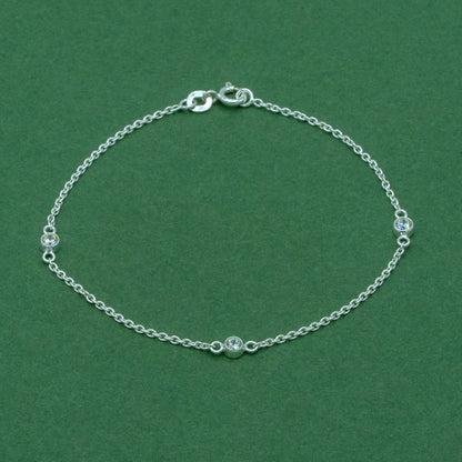 925 Sterling Silver Cubic Zirconia Rolo Chain Bracelet, Minimalist CZ Station Bracelet, Delicate Silver Jewellery, Gift for Her