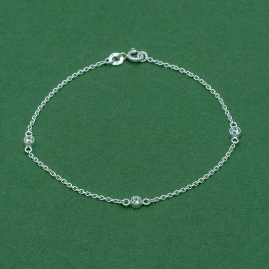 925 Sterling Silver Cubic Zirconia Rolo Chain Bracelet, Minimalist CZ Station Bracelet, Delicate Silver Jewellery, Gift for Her