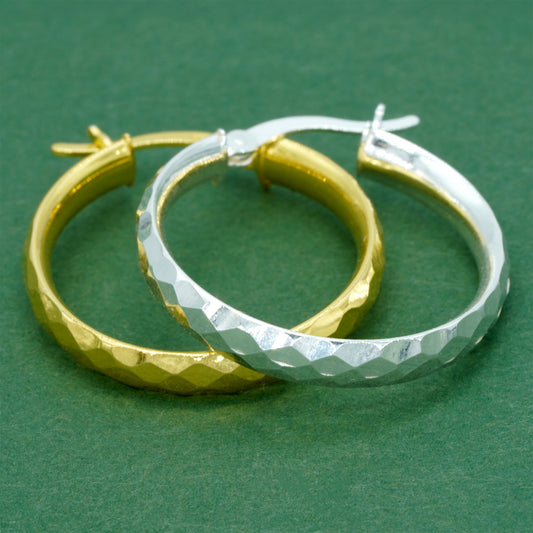 Diamond Cut Creole Hoop Earrings, 925 Sterling Silver or 18k Flash Gold Plated Hoops, Faceted Hoop Earrings, Gift for Her