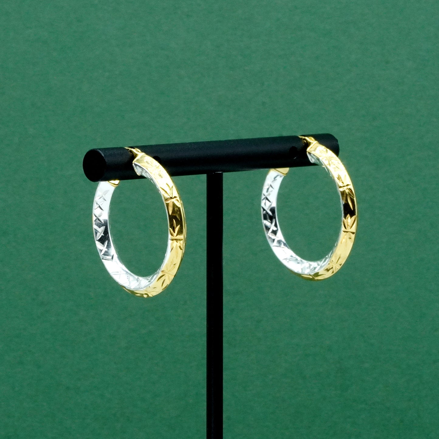 Two Tone 925 Sterling Silver & 18k Gold Diamond Cut Hoop Earrings, Faceted Pattern Hoops, Gift for Her