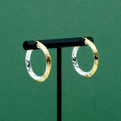 Two Tone 925 Sterling Silver & 18k Gold Diamond Cut Hoop Earrings, Faceted Pattern Hoops, Gift for Her
