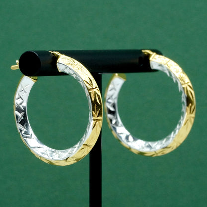 Two Tone 925 Sterling Silver & 18k Gold Diamond Cut Hoop Earrings, Faceted Pattern Hoops, Gift for Her