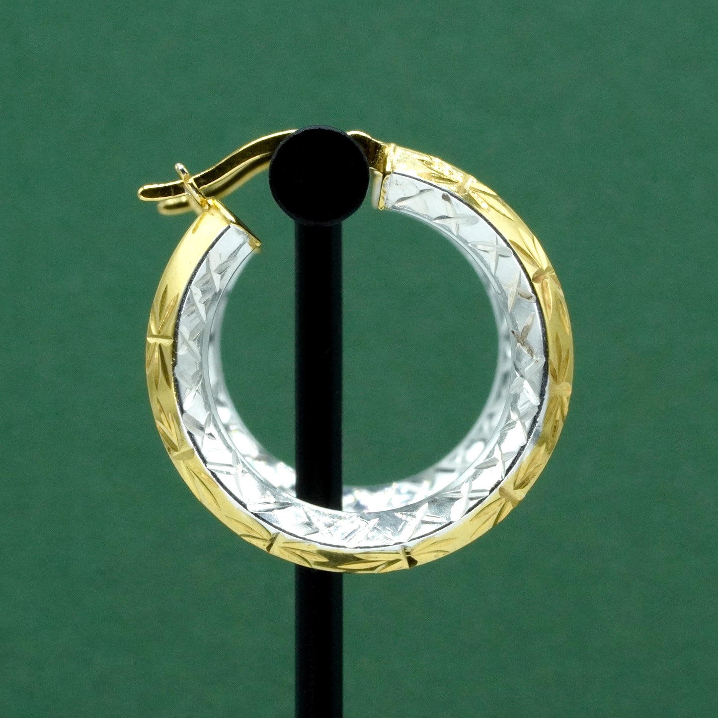 Two Tone 925 Sterling Silver & 18k Gold Diamond Cut Hoop Earrings, Faceted Pattern Hoops, Gift for Her