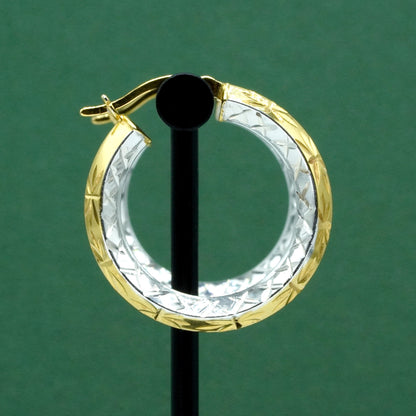 Two Tone 925 Sterling Silver & 18k Gold Diamond Cut Hoop Earrings, Faceted Pattern Hoops, Gift for Her