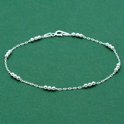 925 Sterling Silver Triple Beaded Station Chain Bracelet, Minimal Anchor Chain Bracelet, Everyday Silver Jewellery, Gift for Her