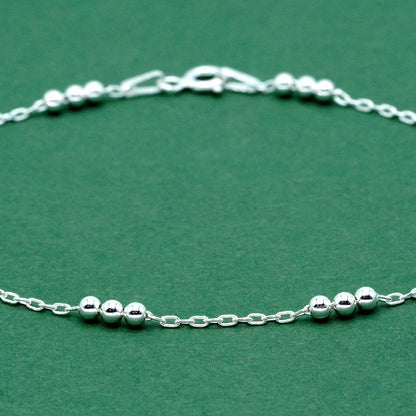 925 Sterling Silver Triple Beaded Station Chain Bracelet, Minimal Anchor Chain Bracelet, Everyday Silver Jewellery, Gift for Her