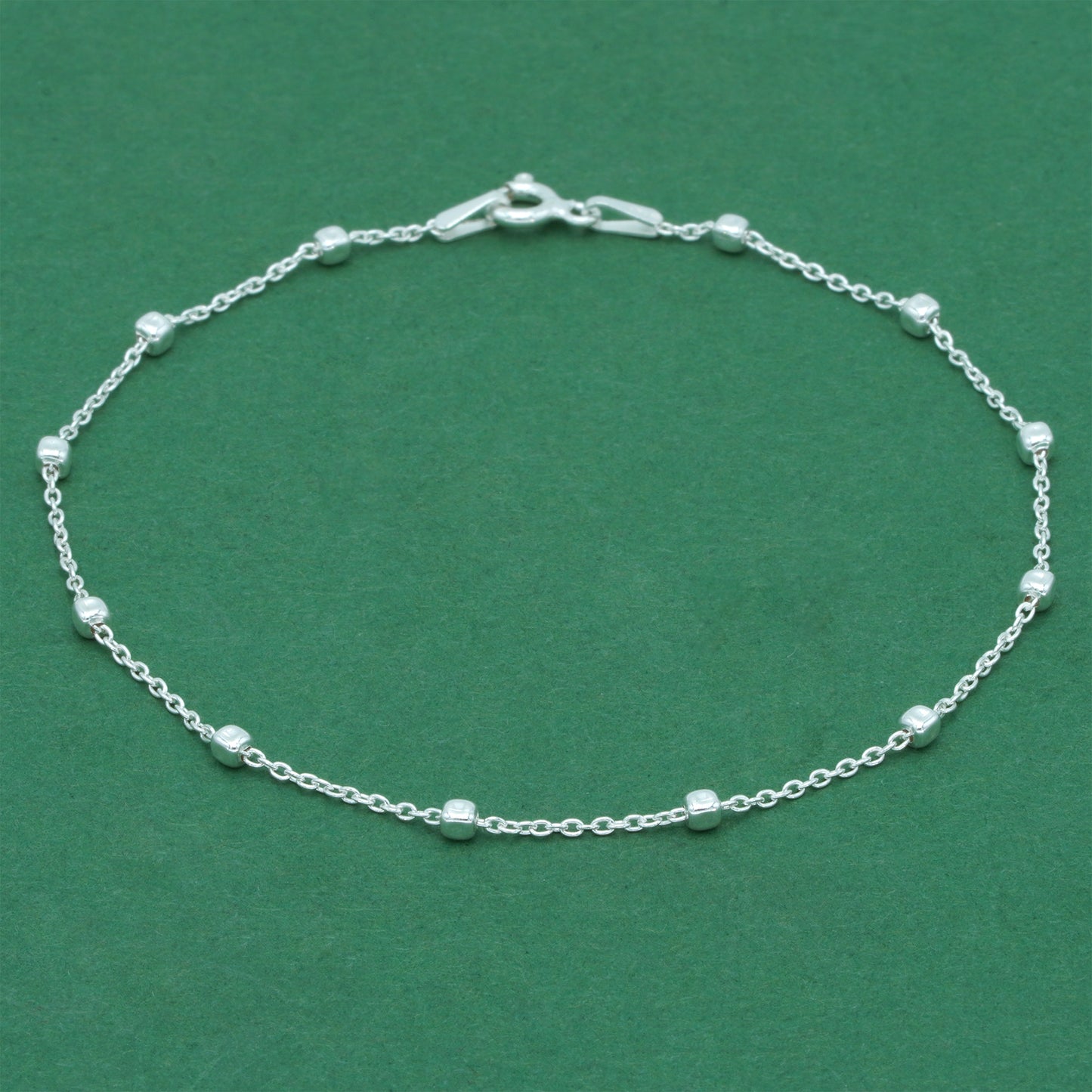 925 Sterling Silver Anchor Trace Beaded Cube Anklet, Minimal Satellite Chain Ankle Bracelet, Everyday Silver Jewellery, Gift for Her