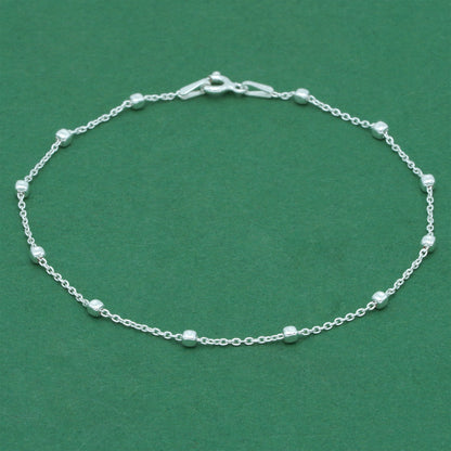925 Sterling Silver Anchor Trace Beaded Cube Anklet, Minimal Satellite Chain Ankle Bracelet, Everyday Silver Jewellery, Gift for Her