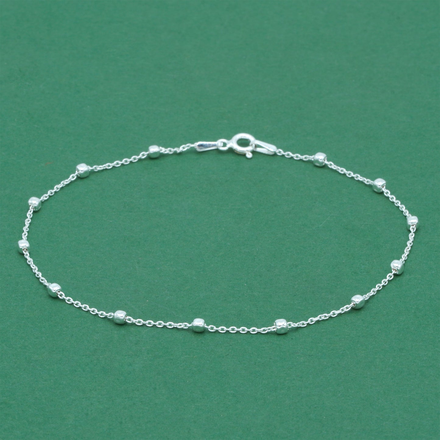 925 Sterling Silver Anchor Trace Beaded Cube Anklet, Minimal Satellite Chain Ankle Bracelet, Everyday Silver Jewellery, Gift for Her