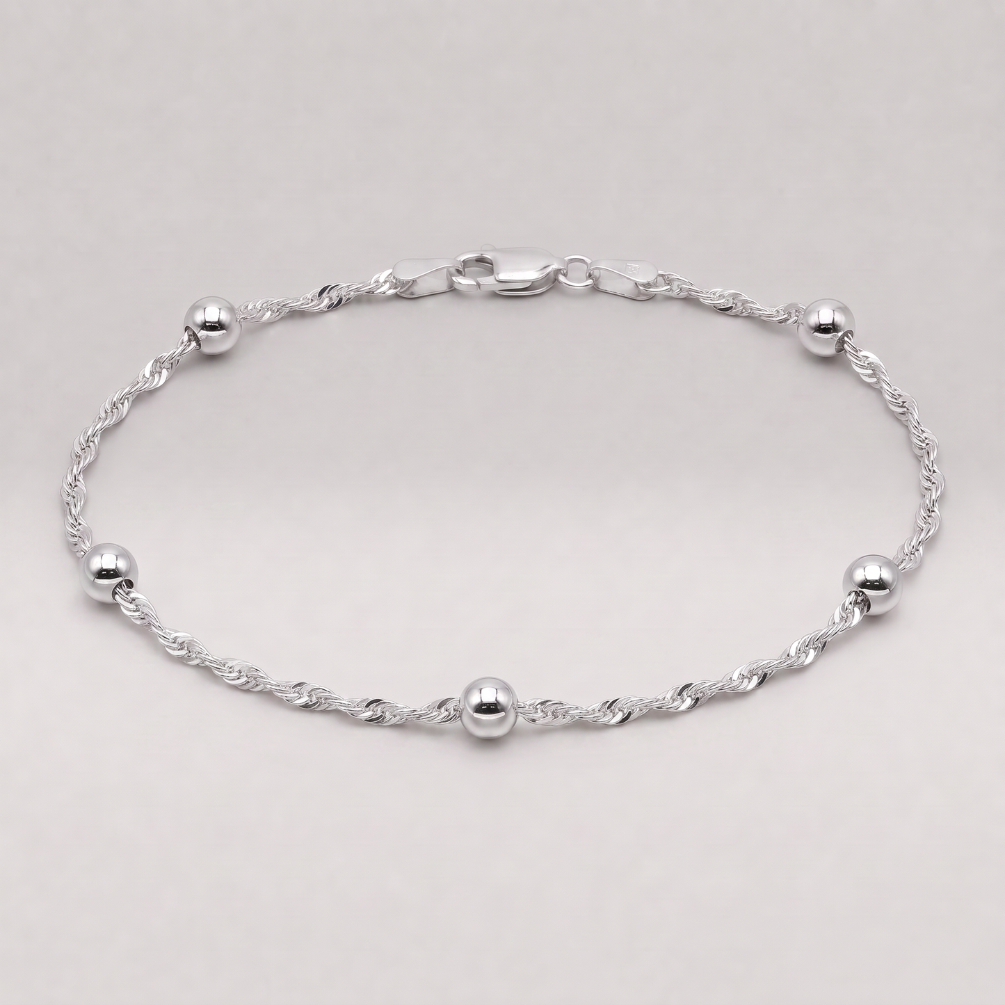 925 Sterling Silver Beaded Singapore Chain Anklet