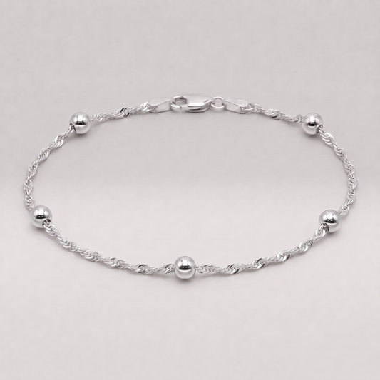 925 Sterling Silver Beaded Singapore Chain Anklet
