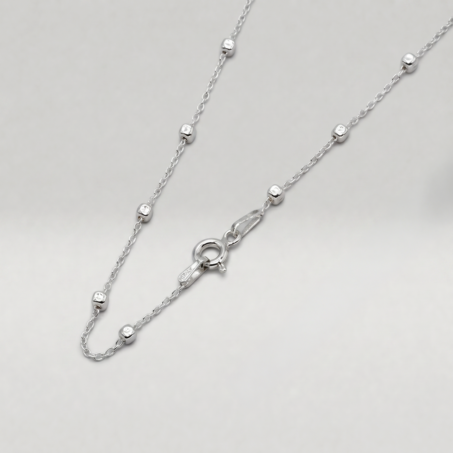 925 Sterling Silver Anchor Trace Beaded Cube Necklace