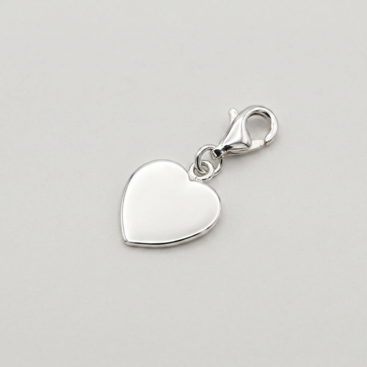 925 Sterling Silver Flat Heart Charm With Claw Carabiner Fitting