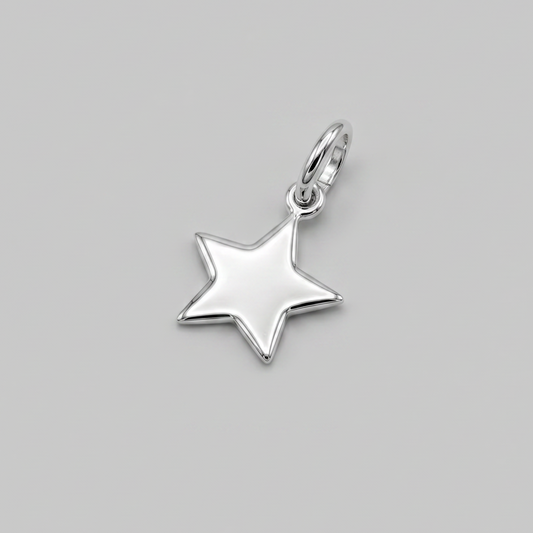 A polished silver star-shaped pendant charm with a small top loop, shown on a solid neutral gray background.