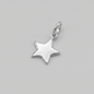 A polished silver star-shaped pendant charm with a small top loop, shown on a solid neutral gray background.