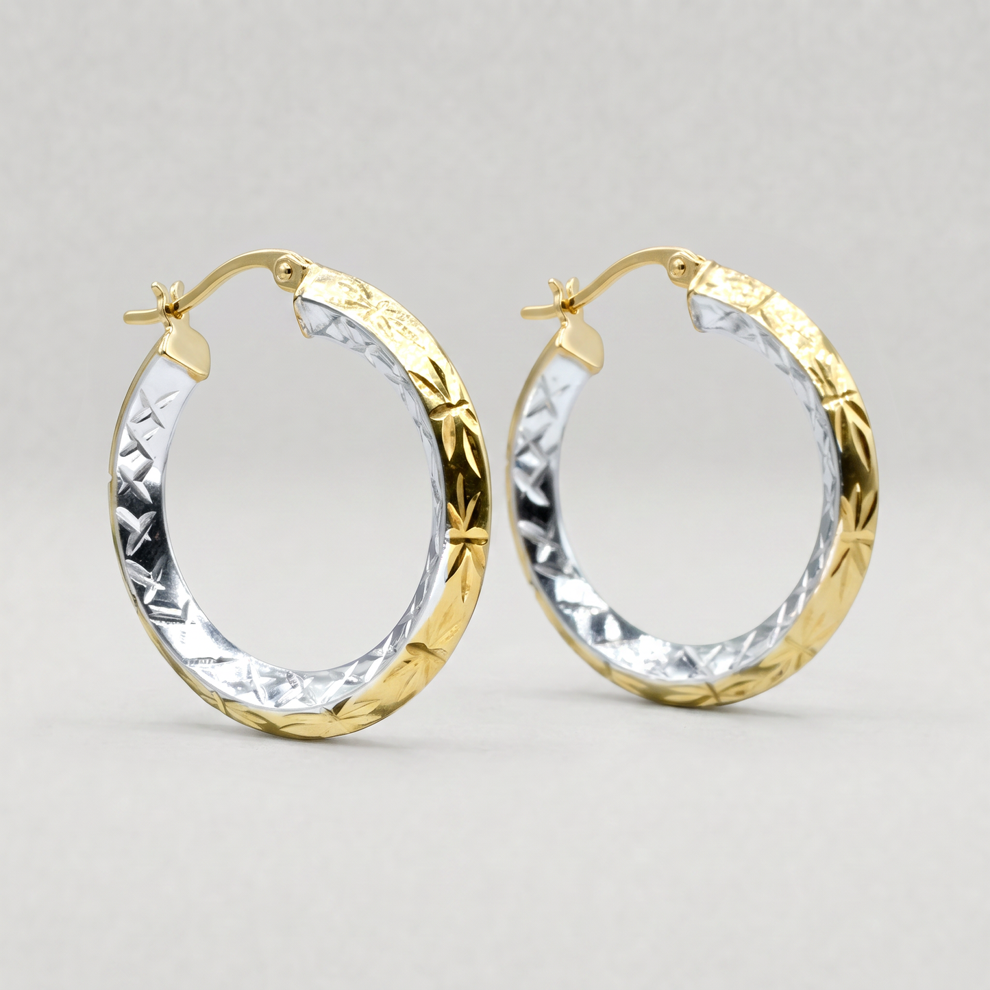 Two Tone Silver/Gold Diamond Cut Hoop Earrings