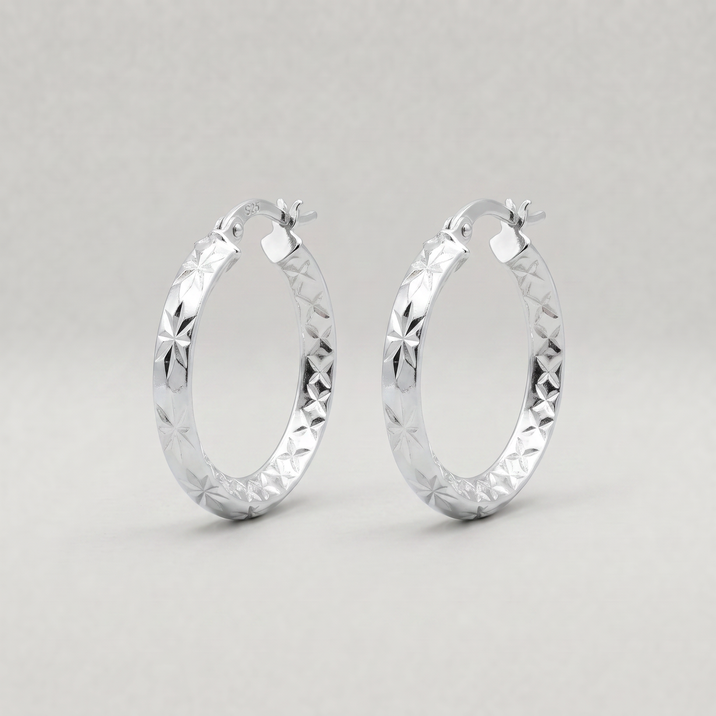 925 Sterling Silver Chiselled Hoop Earrings 25mm