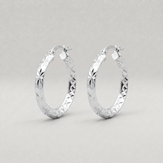 925 Sterling Silver Chiselled Hoop Earrings 25mm