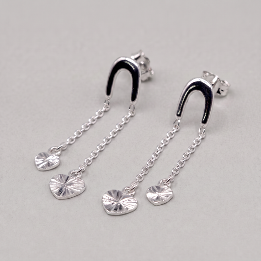925 Sterling Silver Double Fluted Diamond Cut Heart Dropped Stud Earring