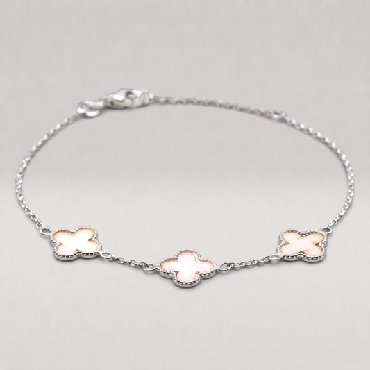 925 Sterling Silver 3x Four Leaf Clover Motif Bracelet on 7.5" Rolo Chain