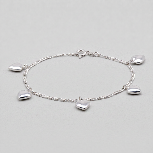 925 Sterling Silver 5 Puffed Heart Charm on Figaro Chain Bracelet 7.5"