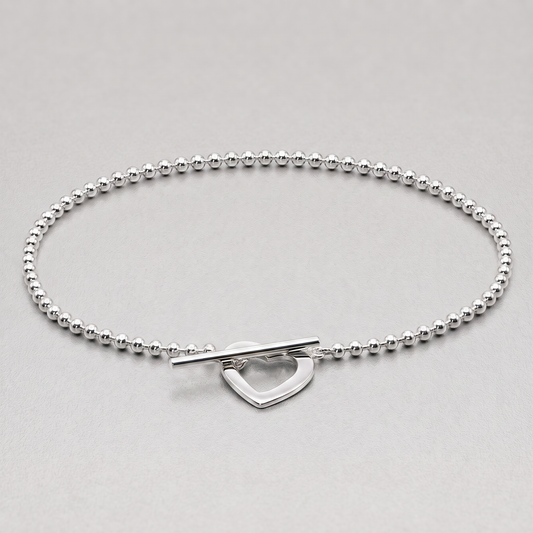 925 Sterling Silver Heart & T Bar Ball Bracelet