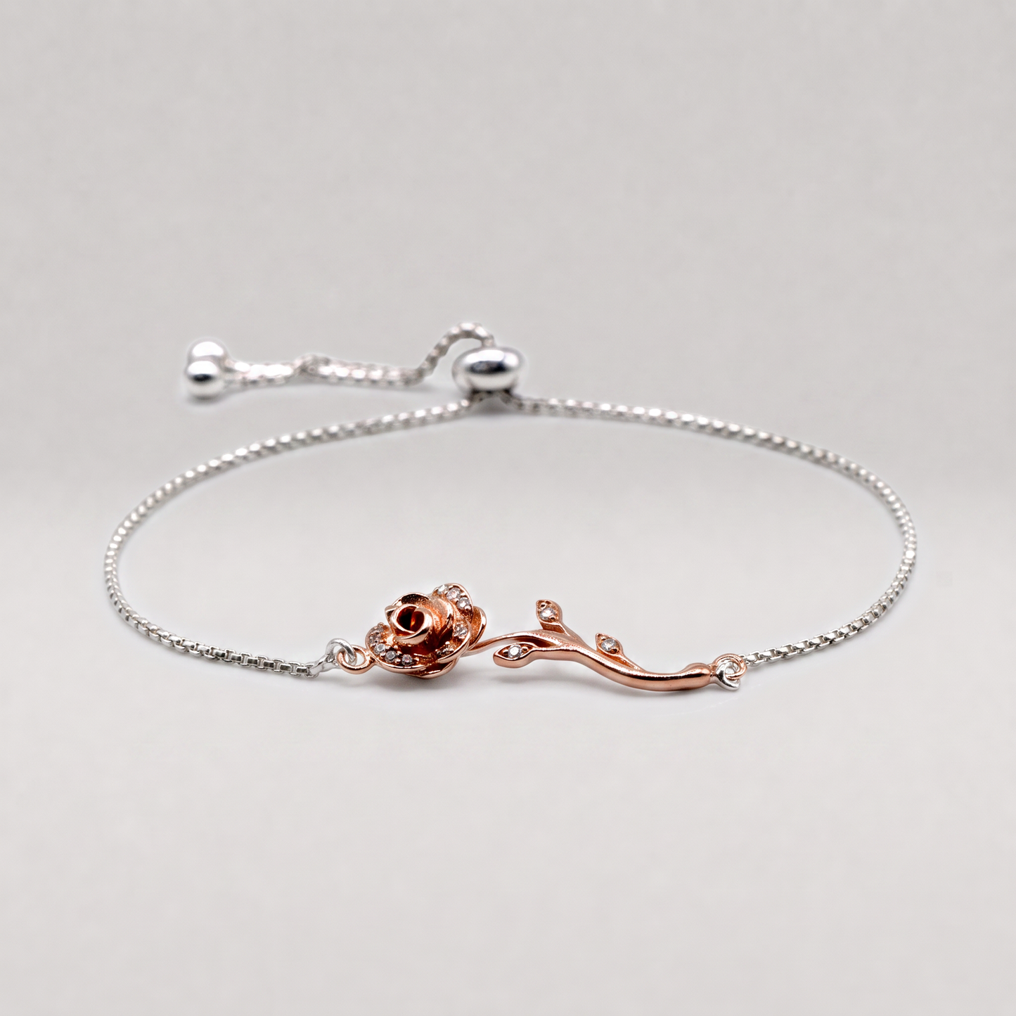 925 Sterling Silver Rose Gold Cubic Zirconia Rose Adjustable Slider Bracelet