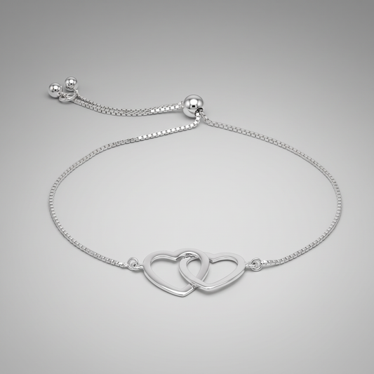 925 Sterling Silver Twin Hearts Adjustable Slider Bracelet