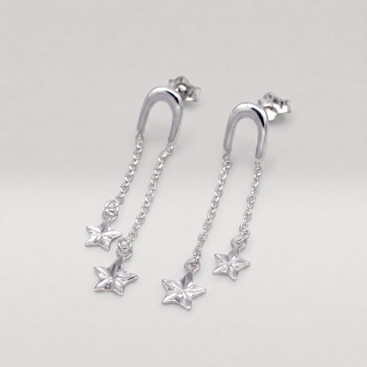 925 Sterling Silver Double Fluted Diamond Cut Star Dropped Stud Earrings