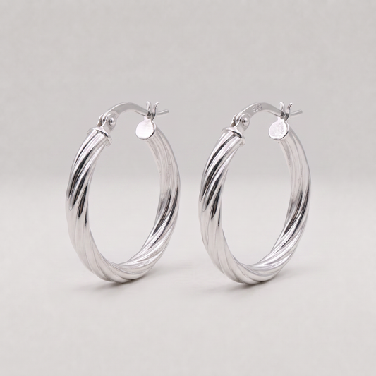 925 Sterling Silver Creole Style Twisted Hoop Earring 22mm