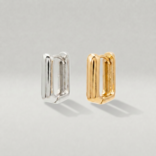 Wholesale sterling silver square link huggie earrings, gold plated version.