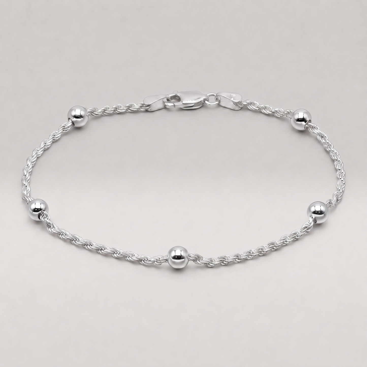 925 Sterling Silver Beaded Rope Chain Bracelet