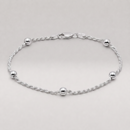 925 Sterling Silver Beaded Rope Chain Bracelet