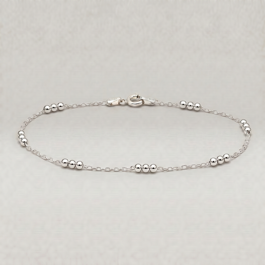 925 Sterling Silver Triple Beaded Station Chain Anklet