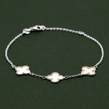 925 Sterling Silver 3x Four Leaf Clover Motif Bracelet on 7.5" Rolo Chain