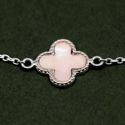 925 Sterling Silver Four Leaf Clover Motif Bracelet On 7.5" Rolo Chain