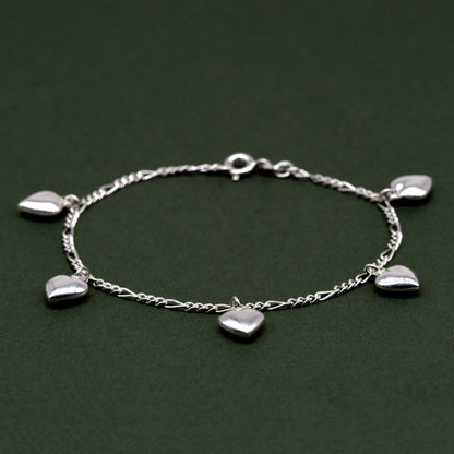 925 Sterling Silver 5 Puffed Heart Charm on Figaro Chain Bracelet 7.5"