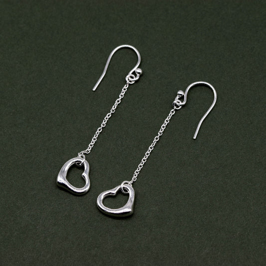 925 Sterling Silver Open Heart Dropped French Hook Wire Earrings