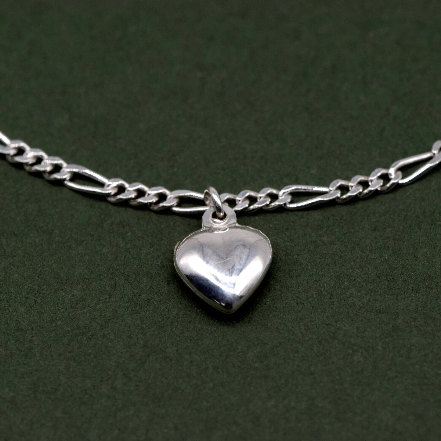 925 Sterling Silver 5 Puffed Heart Charm on Figaro Chain Bracelet 7.5"