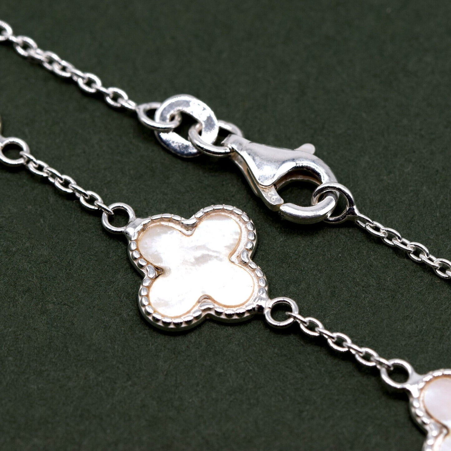 925 Sterling Silver 3x Four Leaf Clover Motif Bracelet on 7.5" Rolo Chain