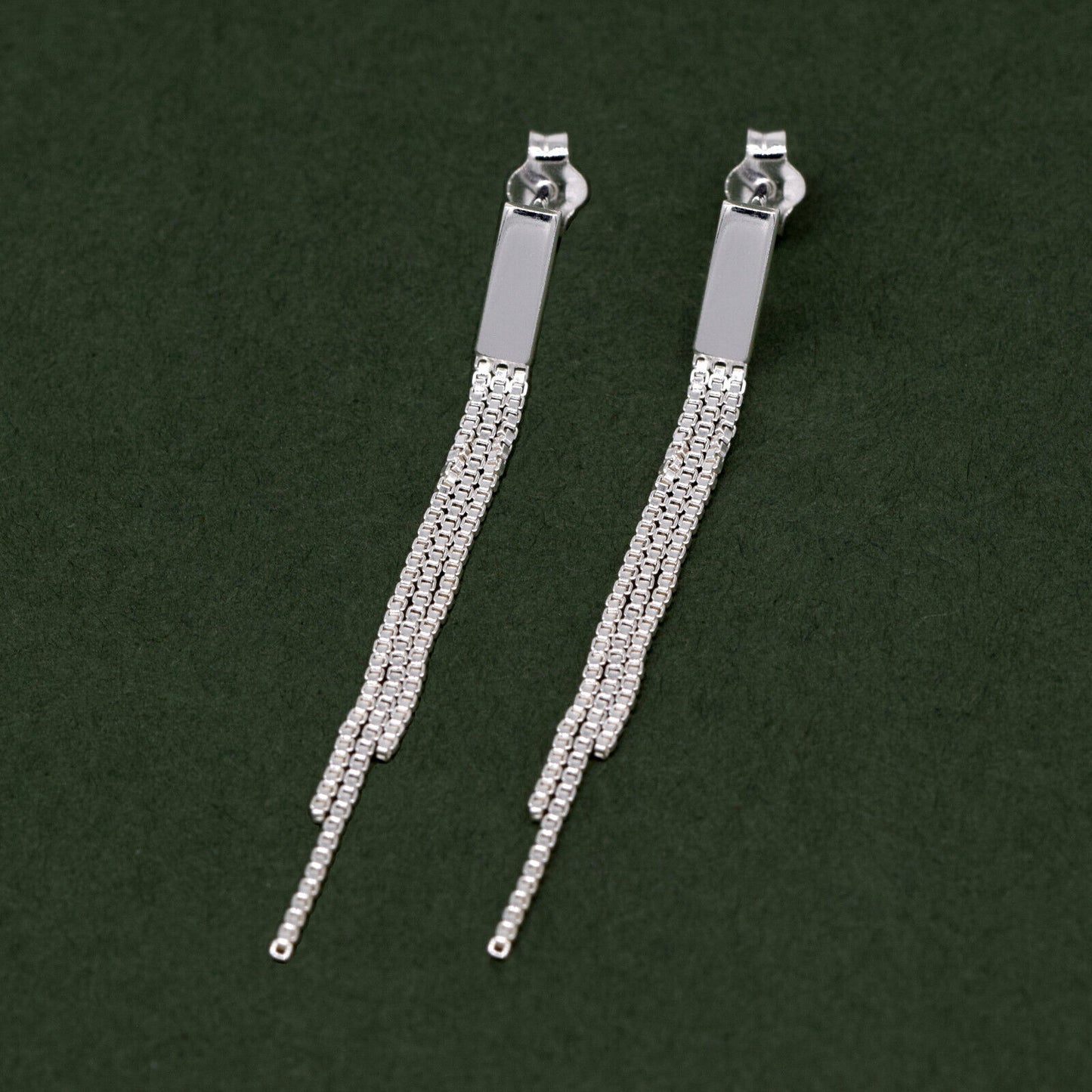 925 Sterling Silver Box Chain Tassel Chandelier Earring Studs 37mm