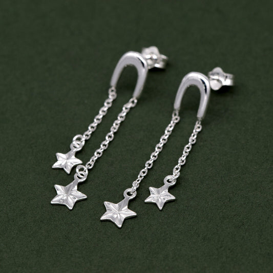 925 Sterling Silver Double Fluted Diamond Cut Star Dropped Stud Earrings