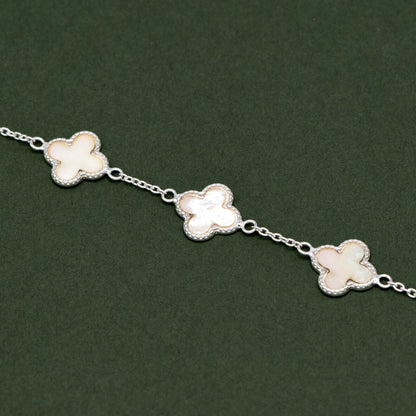 925 Sterling Silver 3x Four Leaf Clover Motif Bracelet on 7.5" Rolo Chain